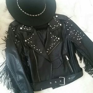 Vegan Leather Stud & Frige Moto Biker Jacket